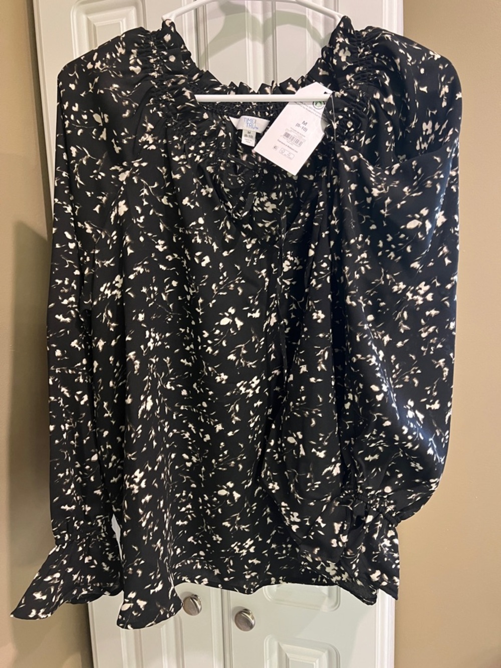 Time and Tru Black and White Ruffle Neck Blouse